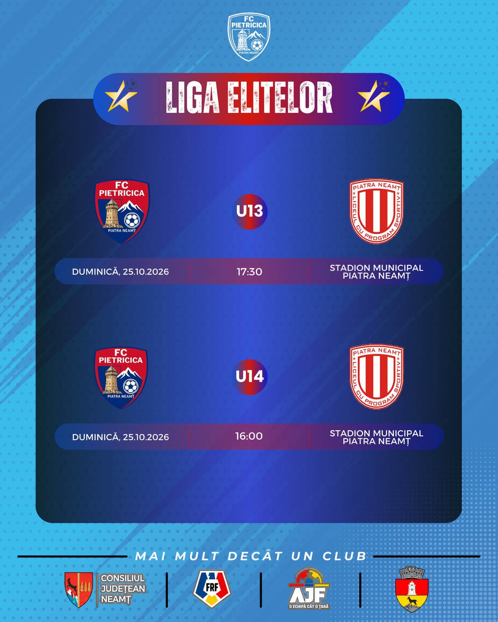 Programul FC Pietricica în Liga Elitelor, 25 octombrie 2026