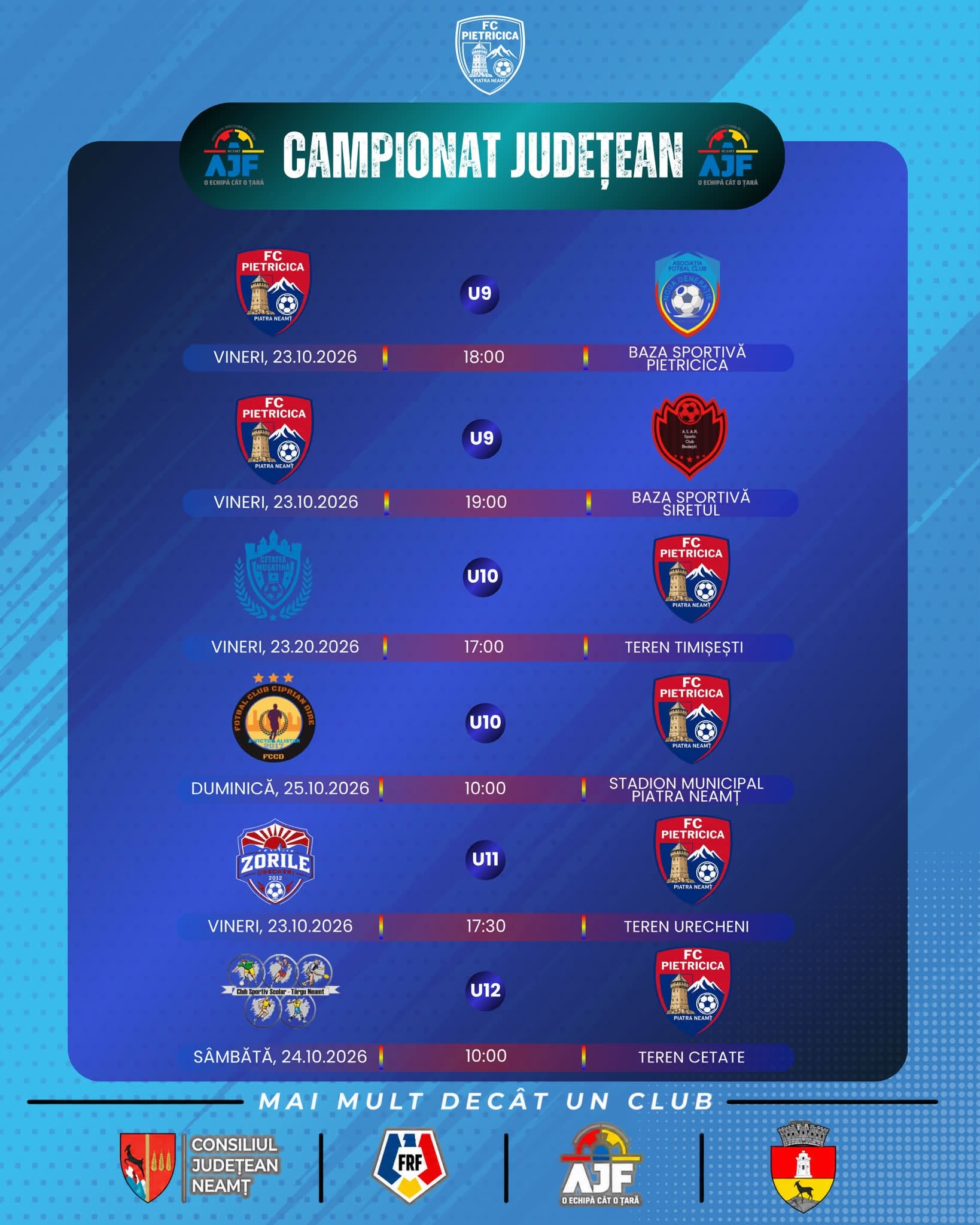 Programul grupelor mici FC Pietricica în campionatul județean, 23–25 octombrie 2026