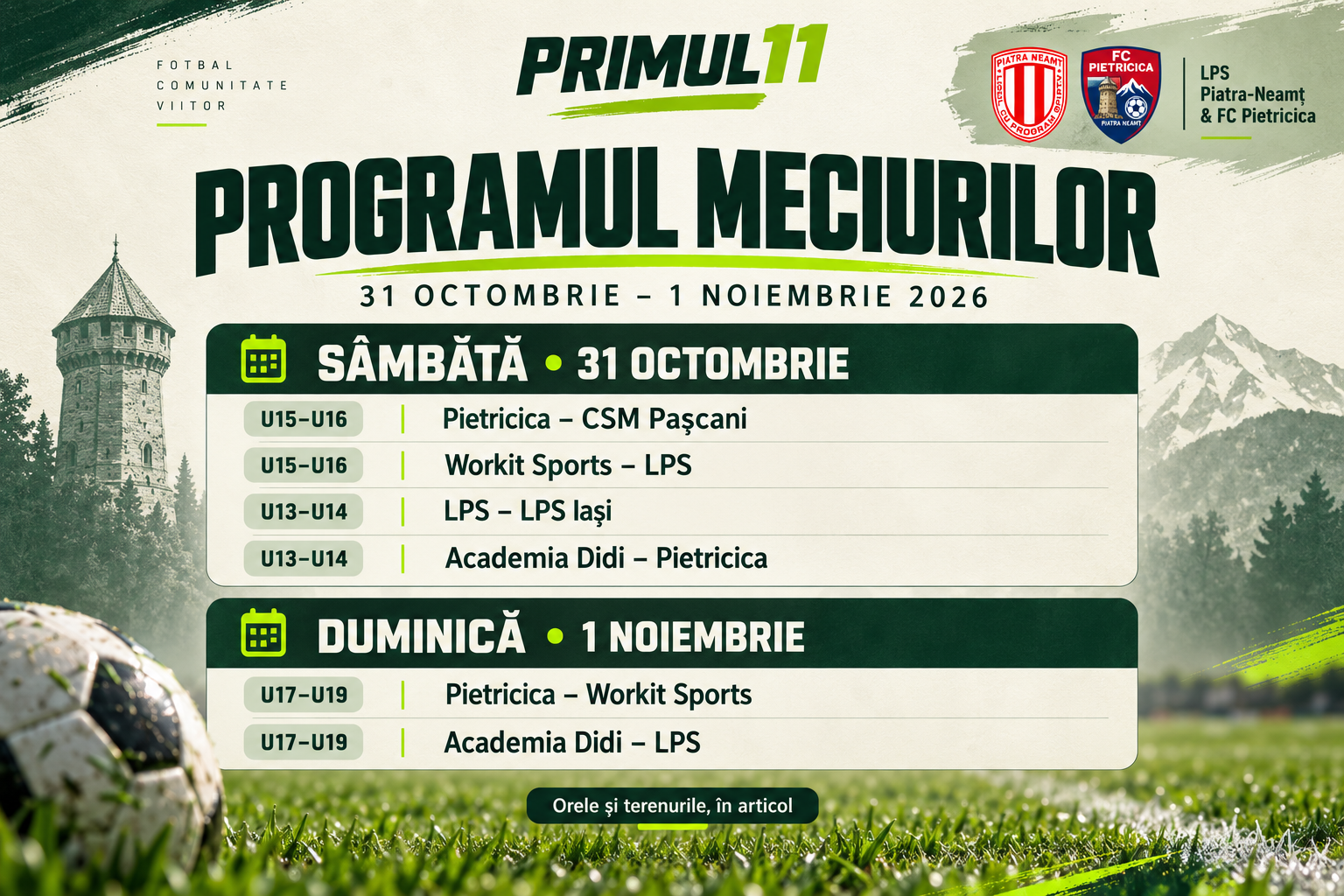 Ilustrație editorială Primul11: programul meciurilor LPS Piatra Neamț și FC Pietricica din 31 octombrie–1 noiembrie 2026.