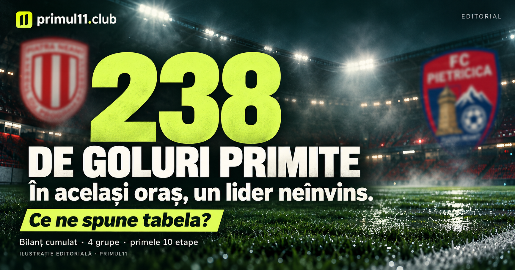 Ilustrație editorială Primul11: 238 de goluri primite, bilanț cumulat la patru grupe în primele zece etape. Emblemele LPS Piatra Neamț și FC Pietricica apar blurate pe un stadion luminat.