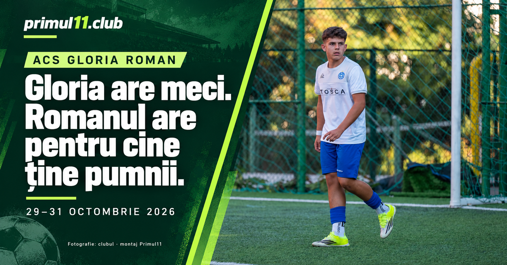 Montaj editorial cu fotografia unui jucător, publicată de ACS Gloria Roman alături de programul meciurilor.