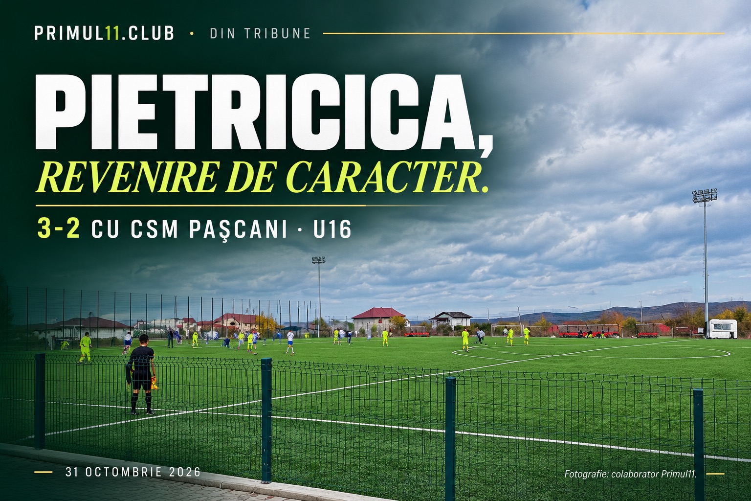 Pietricica, revenire de caracter: 3–2 cu CSM Pașcani, U16. Montaj editorial pornind de la fotografia din tribună.