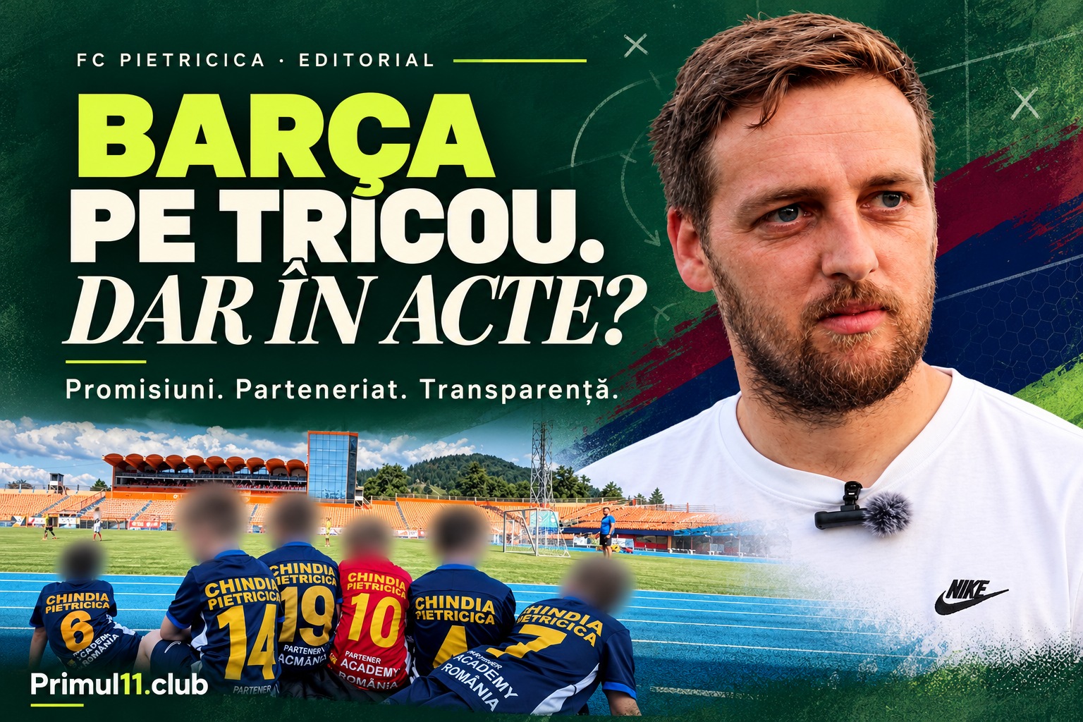Montaj editorial: Barça pe tricou. Dar în acte? Gabi Tudosa și echipamentele Chindia Pietricica, cu fețele copiilor blurate.
