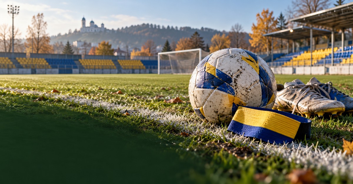 Ilustrație editorială: o minge, ghete de fotbal și o banderolă galben-albastră, înaintea unui meci pe un stadion local.