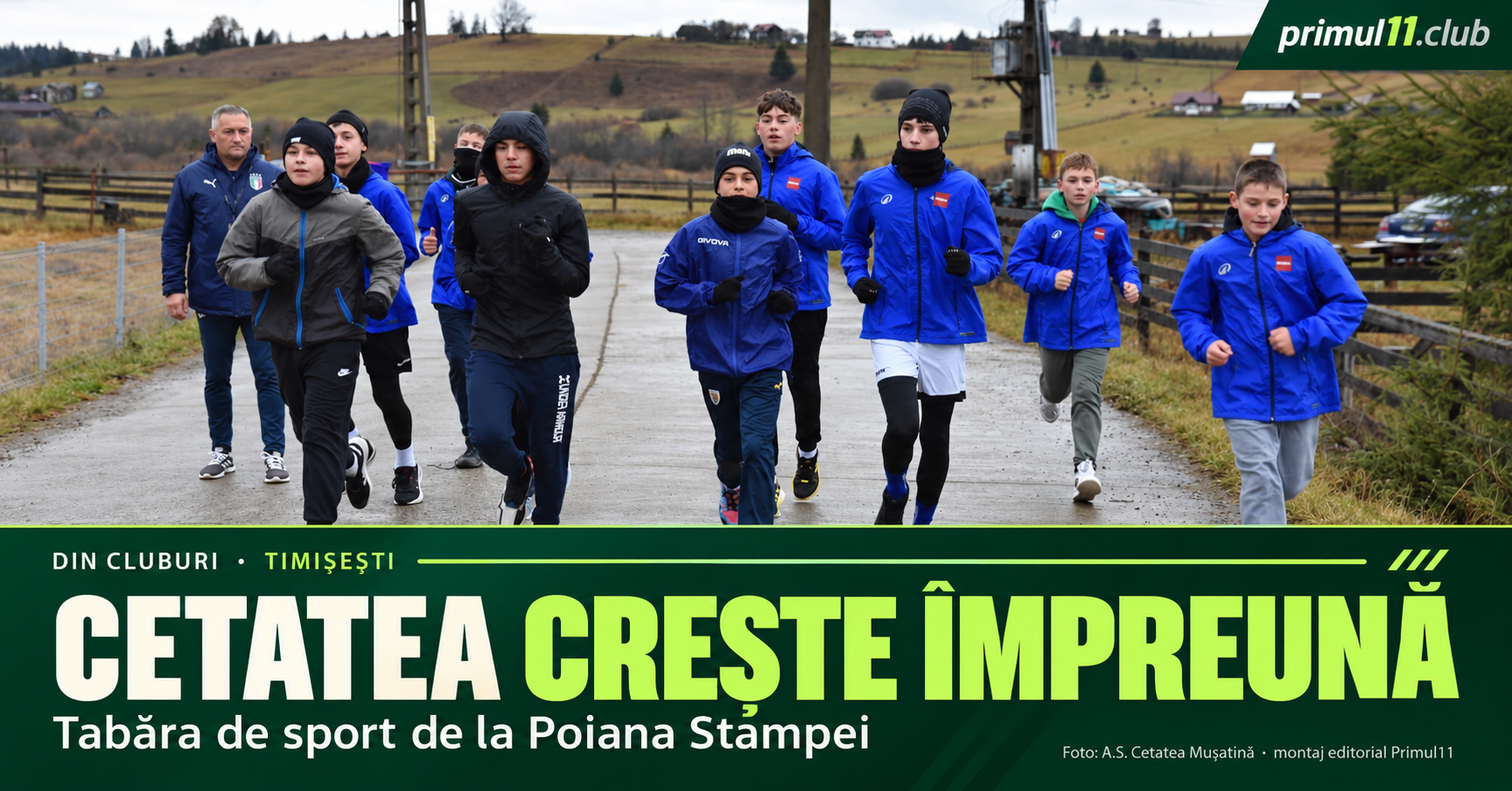 Montaj editorial cu fotografia de grup publicată de Cetatea Mușatină din tabăra de la Poiana Stampei.