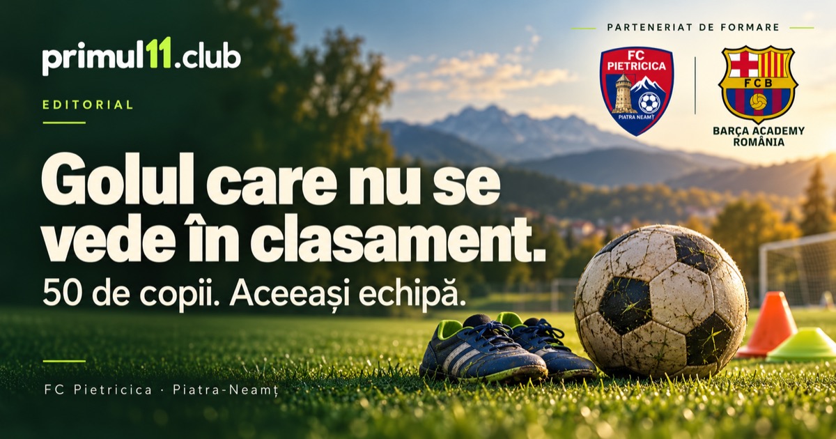 FC Pietricica și Barça Academy România — ilustrație editorială despre fotbal și incluziune la Piatra-Neamț