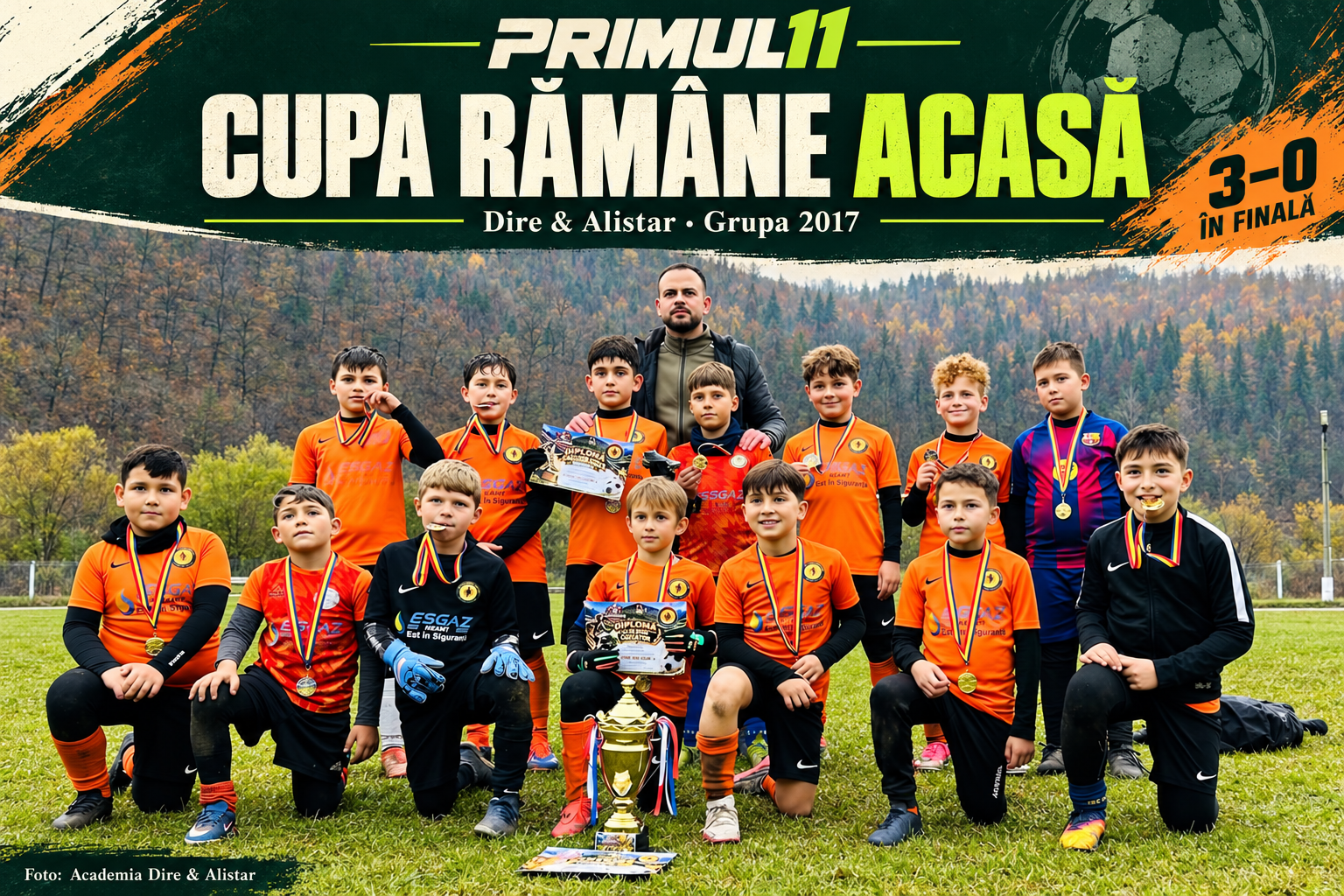 Montaj editorial cu fotografia grupei 2017, trofeul Cupei Stelelor și rezultatul finalei, 3–0.