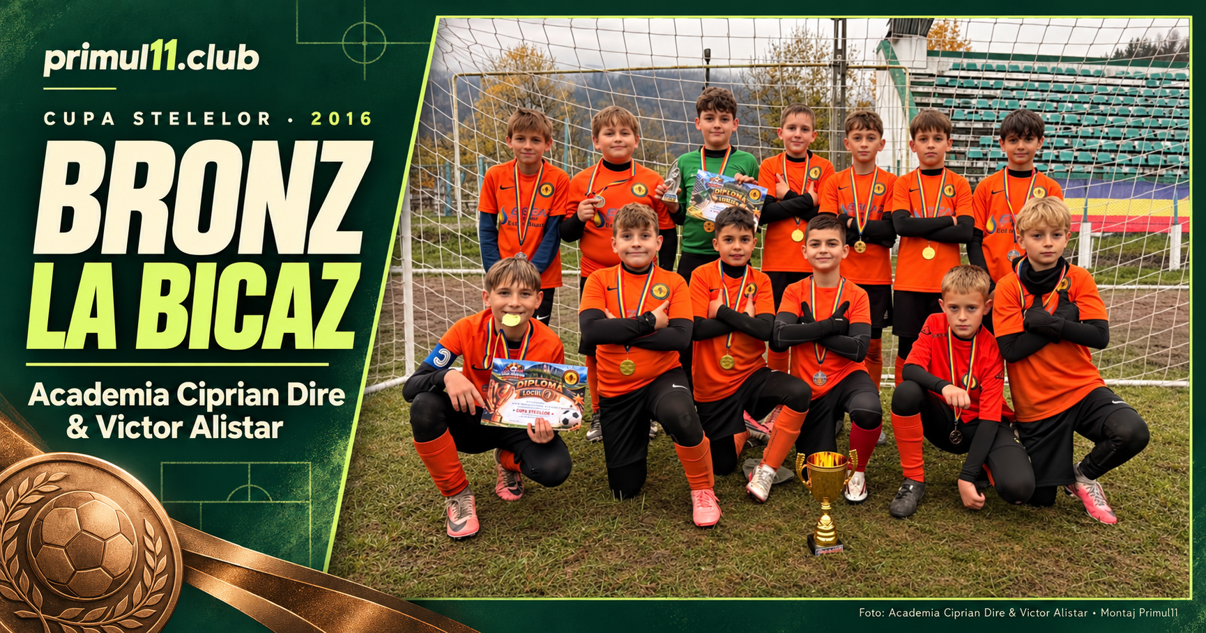 Montaj editorial cu fotografia grupei 2016, medaliile și trofeul de la Cupa Stelelor, alături de titlul Bronz la Bicaz.